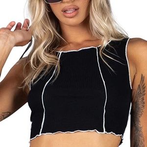 Black and White Patchwork Stitched Cropped Tank